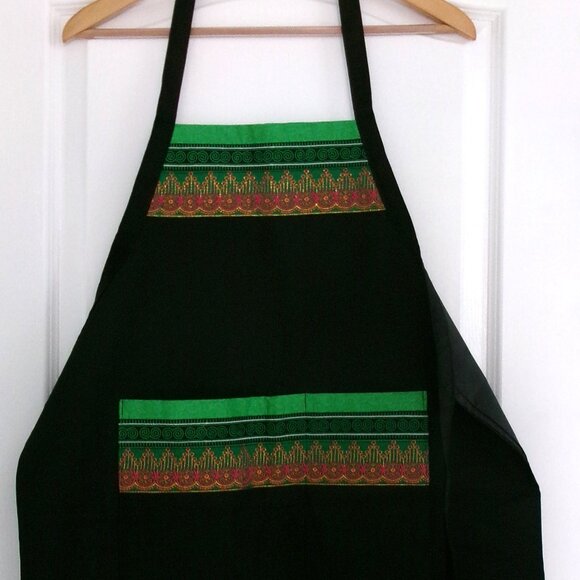 New Black Batik Green Gold Metallic Fuchsia Pink Over the Head Apron Pockets - Picture 3 of 12